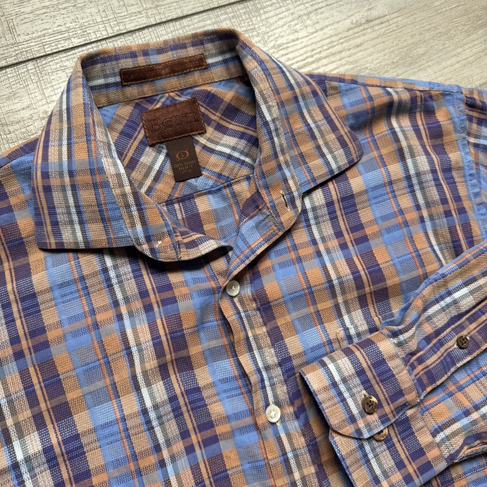 Born Hand Crafted Clothing L Mens Plaid Button Down Long Sleeve Shirt Purple Blu